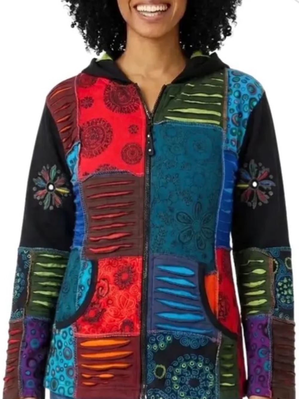 0067–NWT Boho Women's Multicolor Patchwork Zip Hoodie Jacket